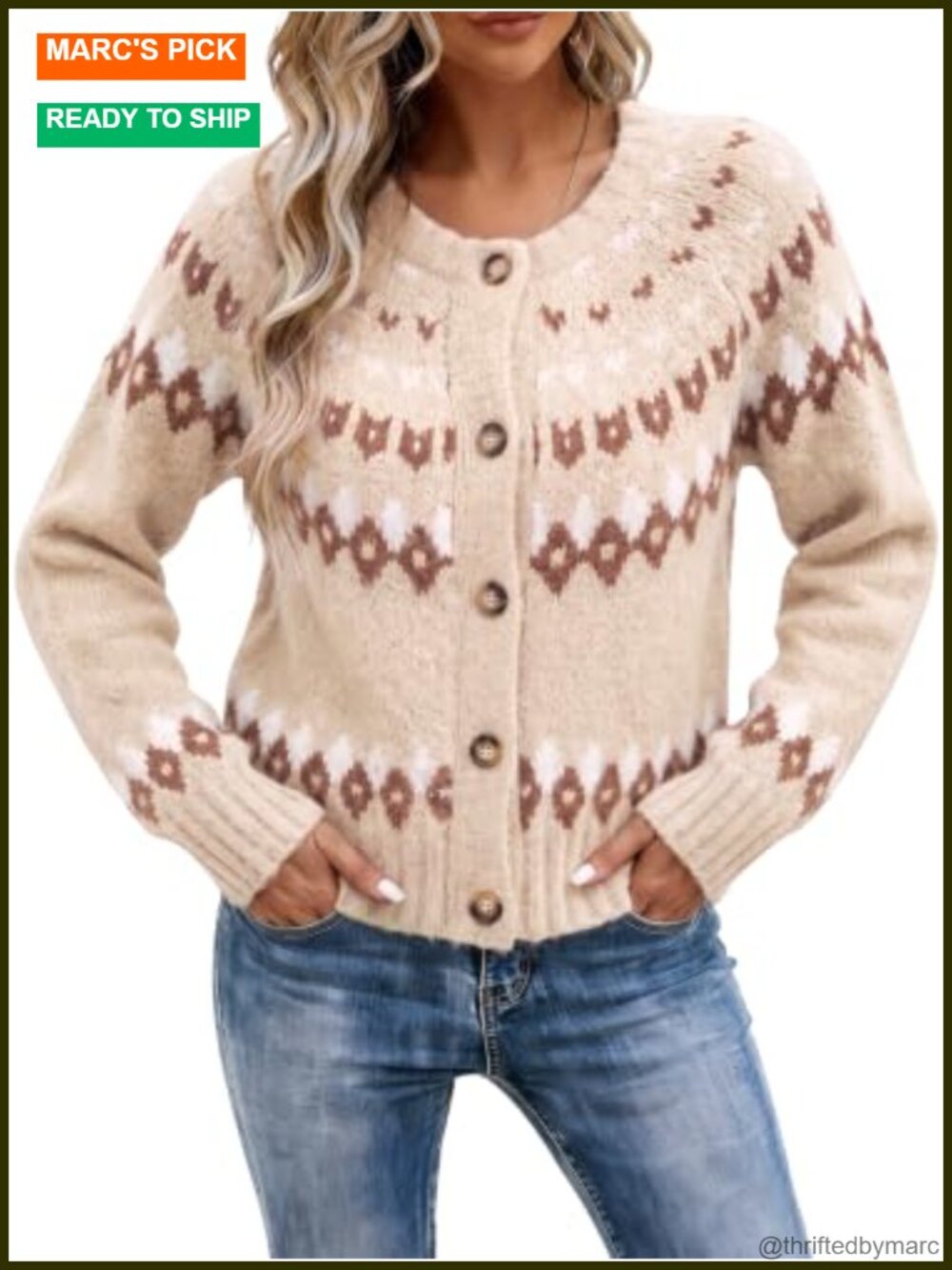 Fair Isle Cropped Button Up Knit Cardigan Sweater Coat Long Sleeve